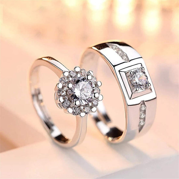 Shangri Royal Halo American Diamond Couple Rings – Silver Plated Adjustable Luxury Set
