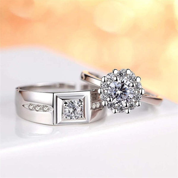 Shangri Royal Halo American Diamond Couple Rings – Silver Plated Adjustable Luxury Set