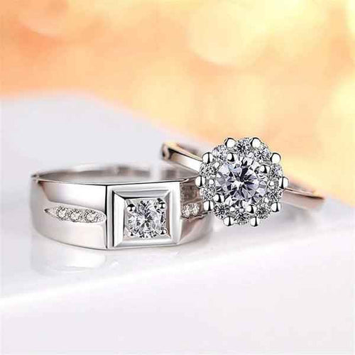 Shangri Royal Halo American Diamond Couple Rings – Silver Plated Adjustable Luxury Set