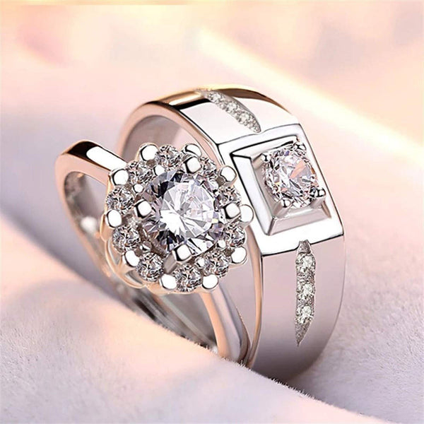 Shangri Royal Halo American Diamond Couple Rings – Silver Plated Adjustable Luxury Set