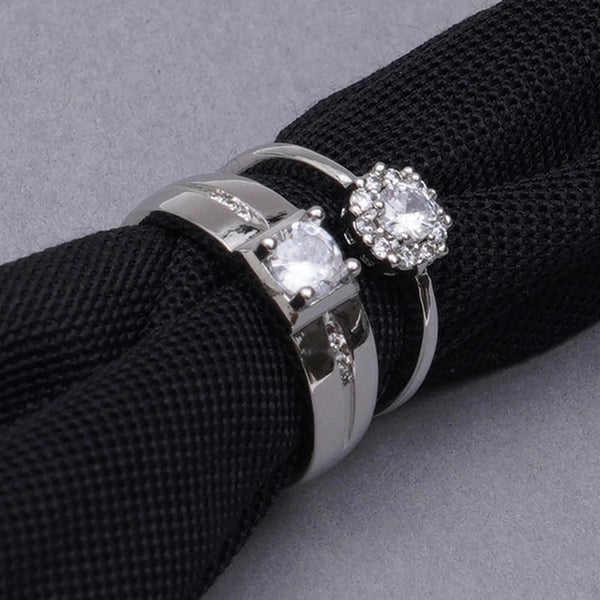 Shangri Royal Halo American Diamond Couple Rings – Silver Plated Adjustable Luxury Set