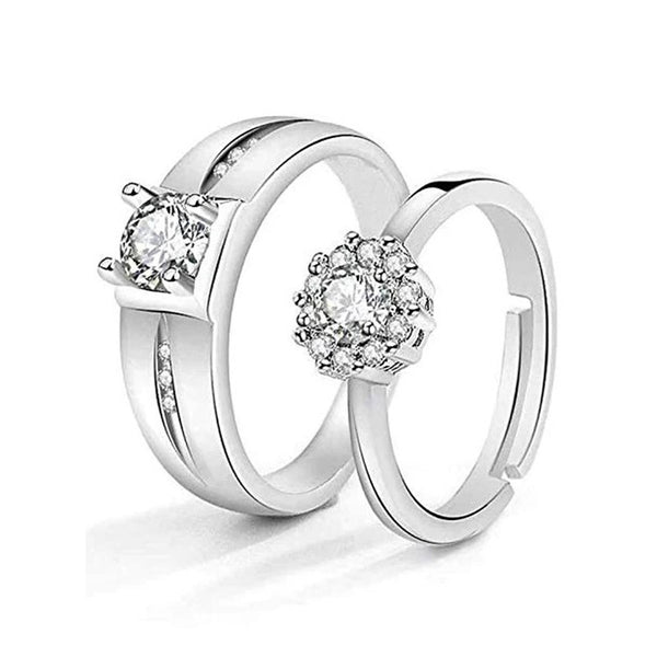 Shangri Royal Halo American Diamond Couple Rings – Silver Plated Adjustable Luxury Set