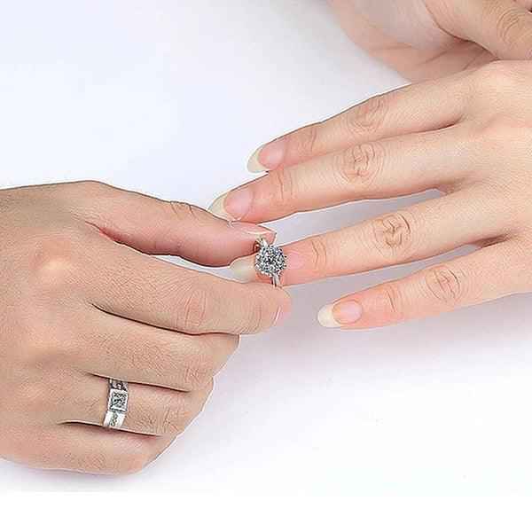 Shangri Royal Halo American Diamond Couple Rings – Silver Plated Adjustable Luxury Set