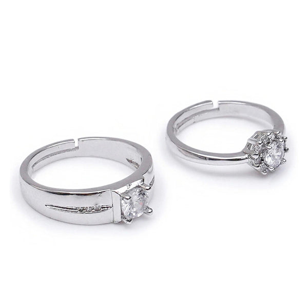 Shangri Royal Halo American Diamond Couple Rings – Silver Plated Adjustable Luxury Set