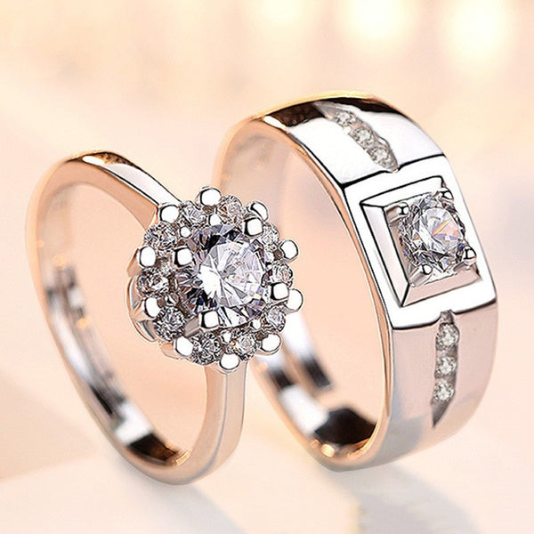 Shangri Royal Halo American Diamond Couple Rings – Silver Plated Adjustable Luxury Set