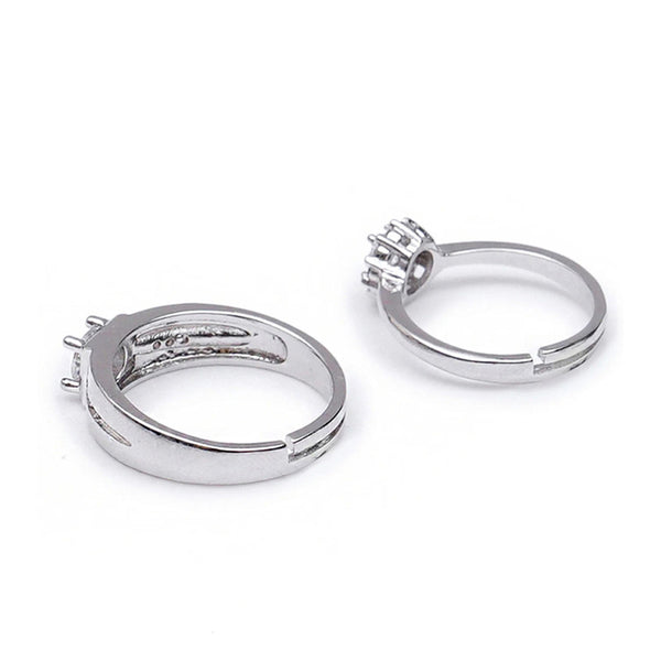 Shangri Royal Halo American Diamond Couple Rings – Silver Plated Adjustable Luxury Set