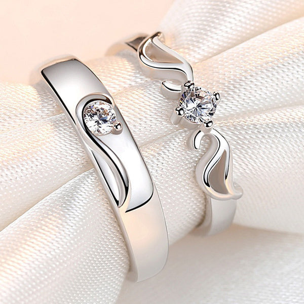 Shangri Silver-Plated American Diamond Couple Rings – Adjustable Romantic Matching Set