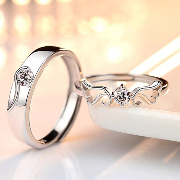 Shangri Silver-Plated American Diamond Couple Rings – Adjustable Romantic Matching Set
