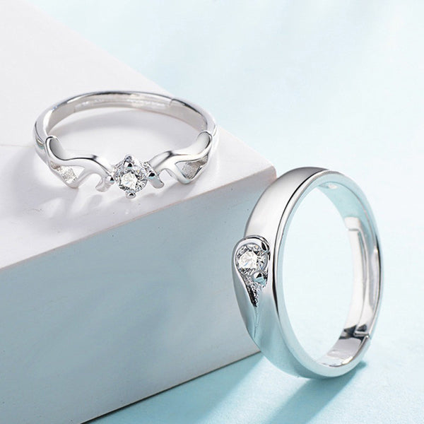 Shangri Silver-Plated American Diamond Couple Rings – Adjustable Romantic Matching Set