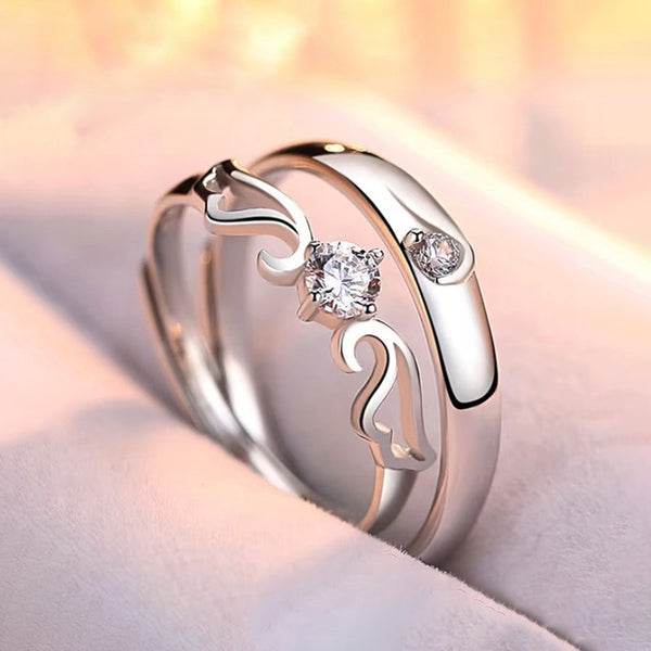 Shangri Silver-Plated American Diamond Couple Rings – Adjustable Romantic Matching Set