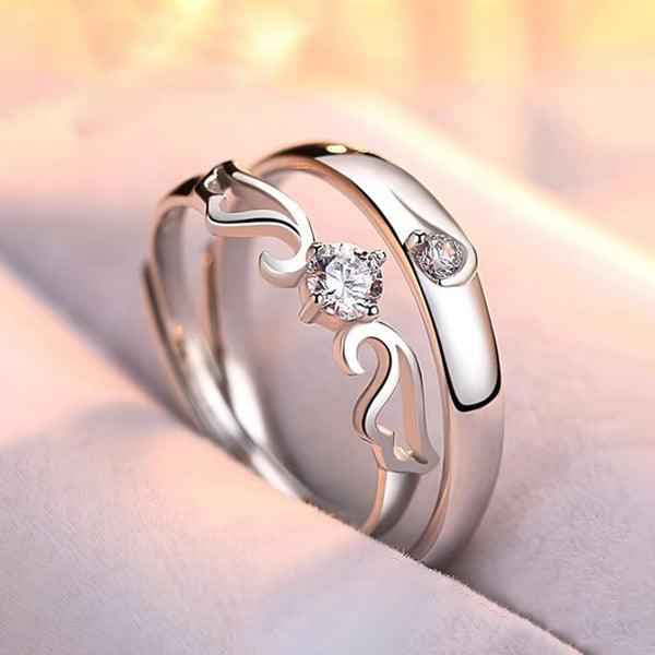 Shangri Silver-Plated American Diamond Couple Rings – Adjustable Romantic Matching Set