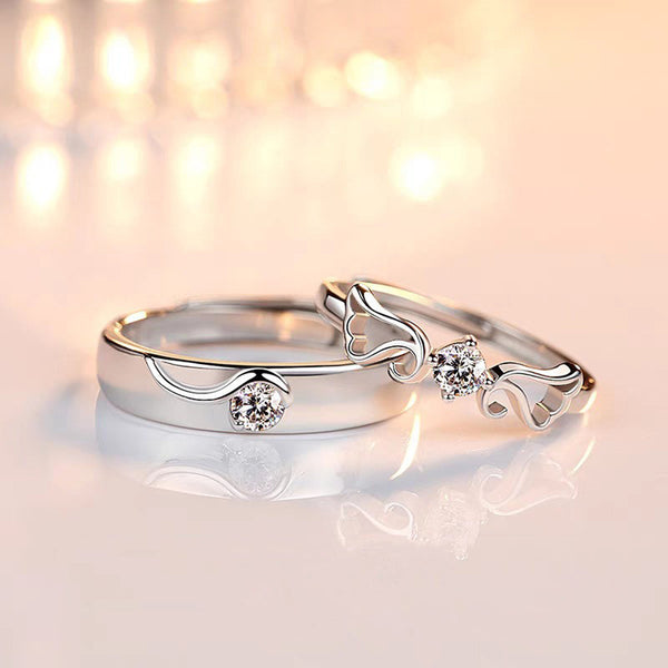 Shangri Silver-Plated American Diamond Couple Rings – Adjustable Romantic Matching Set