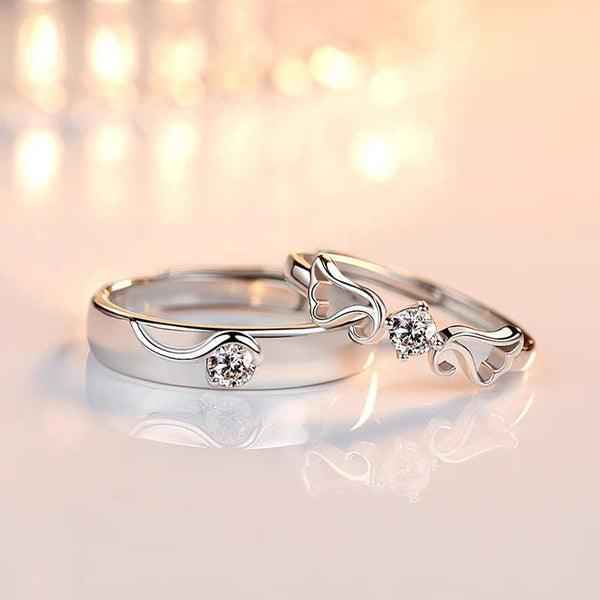 Shangri Silver-Plated American Diamond Couple Rings – Adjustable Romantic Matching Set