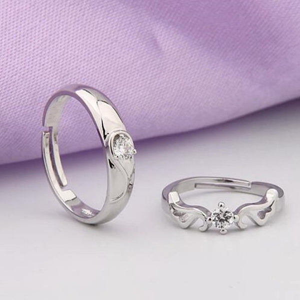Shangri Silver-Plated American Diamond Couple Rings – Adjustable Romantic Matching Set