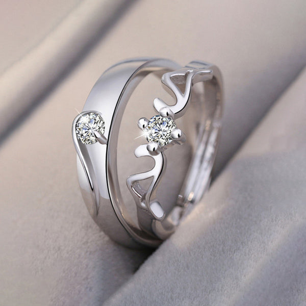 Shangri Silver-Plated American Diamond Couple Rings – Adjustable Romantic Matching Set