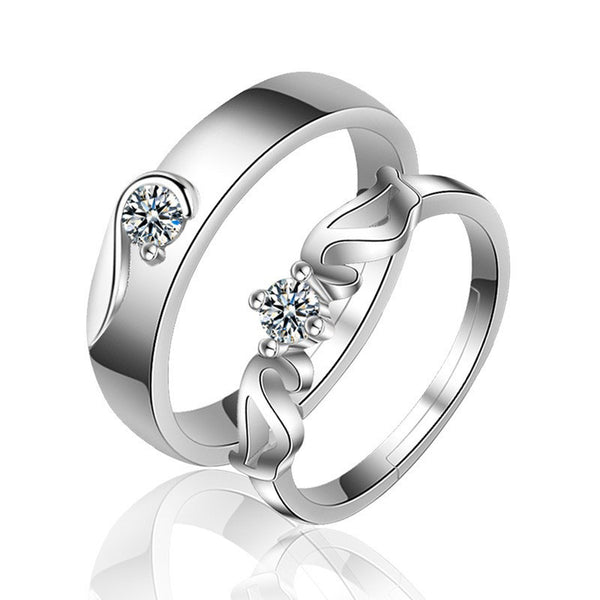 Shangri Silver-Plated American Diamond Couple Rings – Adjustable Romantic Matching Set