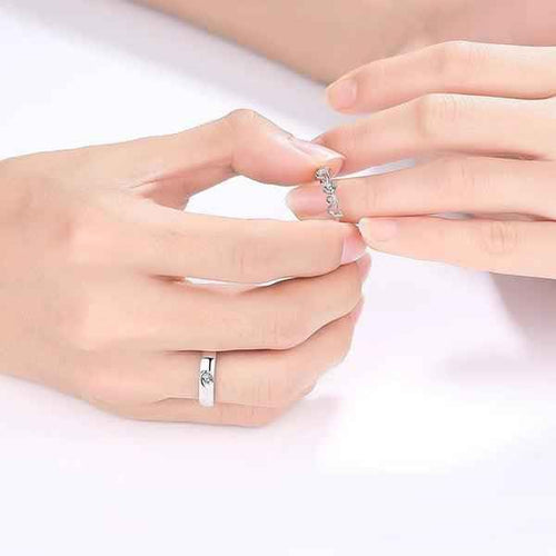 Shangri Silver-Plated American Diamond Couple Rings – Adjustable Romantic Matching Set