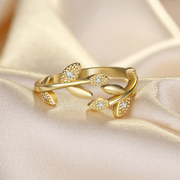 Gold Plated American Diamond Studded Leaf Inspired Contemporary Korean Finger Ring