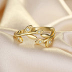 Gold Plated American Diamond Studded Leaf Inspired Contemporary Korean Finger Ring