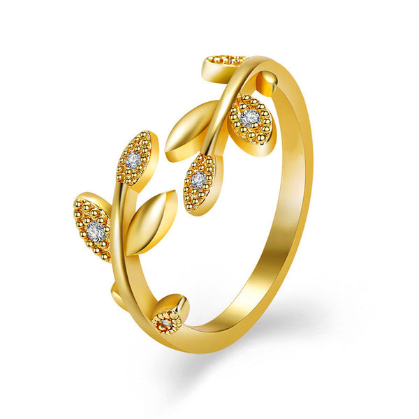 Gold Plated American Diamond Studded Leaf Inspired Contemporary Korean Finger Ring