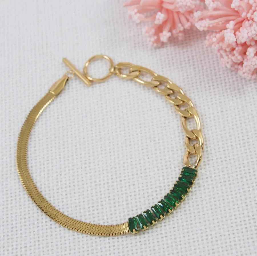 Stainless Steel Green Baguette Charm Bracelet