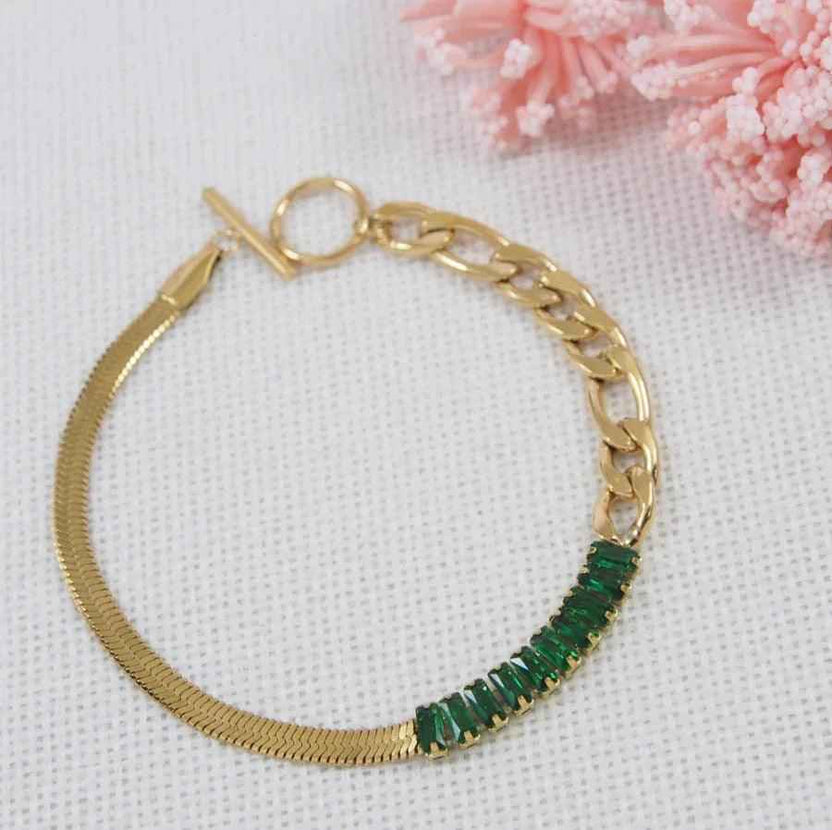 Stainless Steel Green Baguette Charm Bracelet