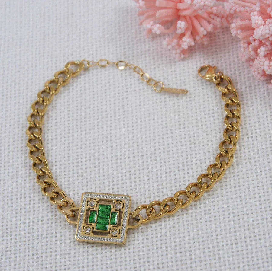 Stainless Steel Gold Plated Chunky Cuban Chain Square Zircon Charm Bracelet - Shangri 