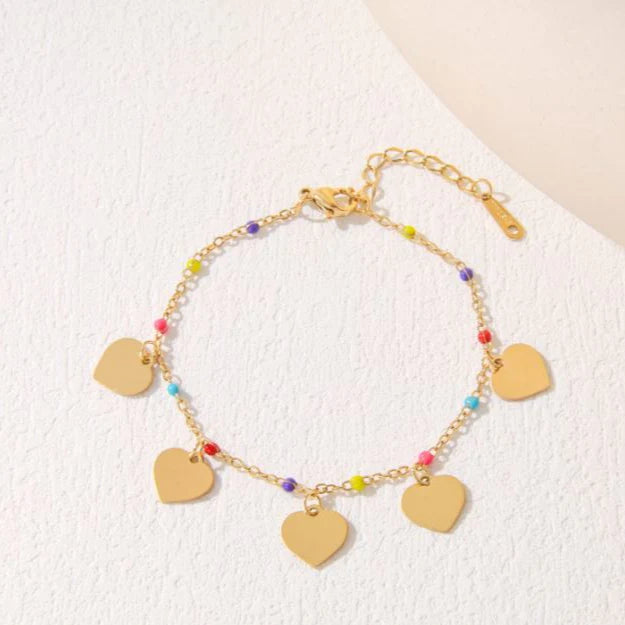 Stainless Steel Heart Pendant Bracelet with Colourful Beads – Gold/Rosegold/Silver Plated (Anti-Tarnish SS331L)