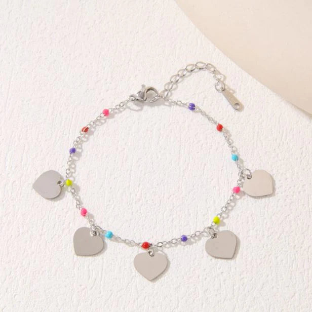 Stainless Steel Heart Pendant Bracelet with Colourful Beads – Gold/Rosegold/Silver Plated (Anti-Tarnish SS331L)