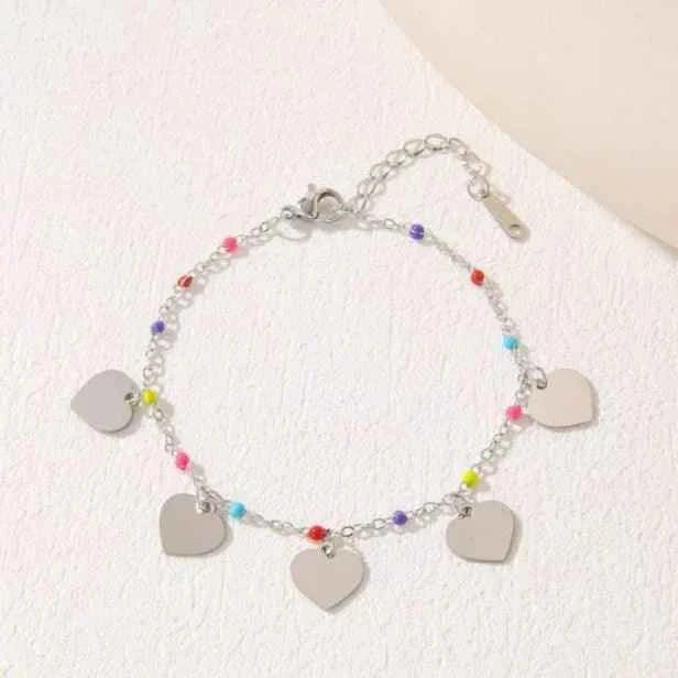 Stainless Steel Heart Pendant Bracelet with Colourful Beads – Gold/Rosegold/Silver Plated (Anti-Tarnish SS331L)