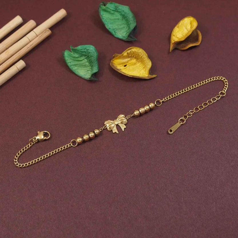 Stainless Steel Gold Plated Bow Charm Adjustable Bracelet