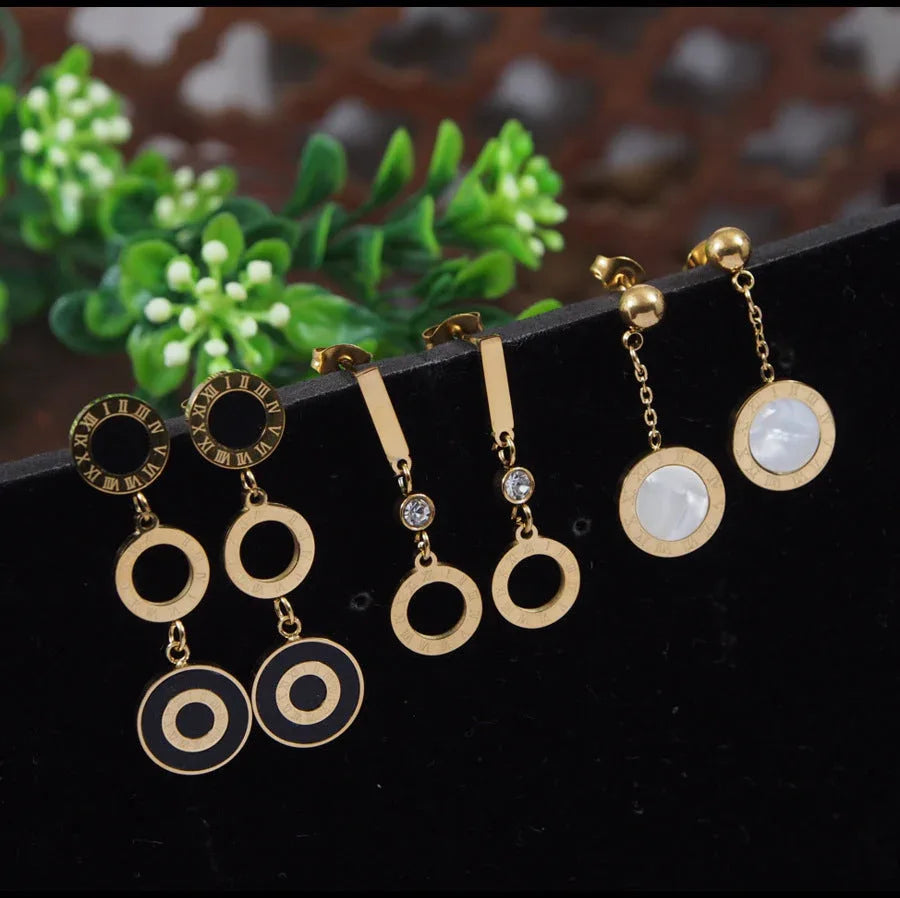 Stainless Steel Gold / Rosegold Plated Roman Numerals Dangle Earrings – Three Pair Set - Shangri 