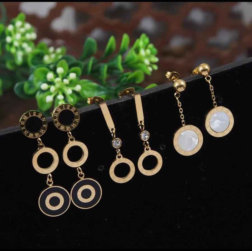 Stainless Steel Gold / Rosegold Plated Roman Numerals Dangle Earrings – Three Pair Set