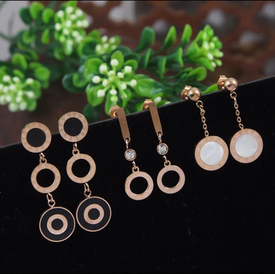 Stainless Steel Gold / Rosegold Plated Roman Numerals Dangle Earrings – Three Pair Set - Shangri 