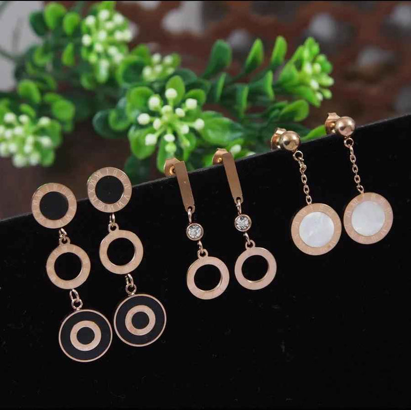 Stainless Steel Gold / Rosegold Plated Roman Numerals Dangle Earrings – Three Pair Set