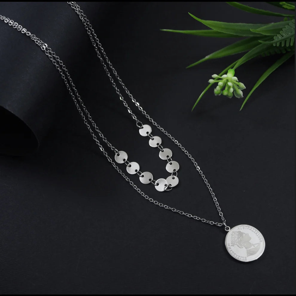 Double Layered Elizabeth Coin Pendant Necklace – Silver Plated Stainless Steel (Anti-Tarnish SS331L)