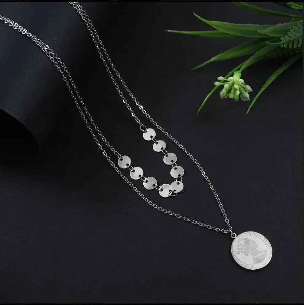 Double Layered Elizabeth Coin Pendant Necklace – Silver Plated Stainless Steel (Anti-Tarnish SS331L)