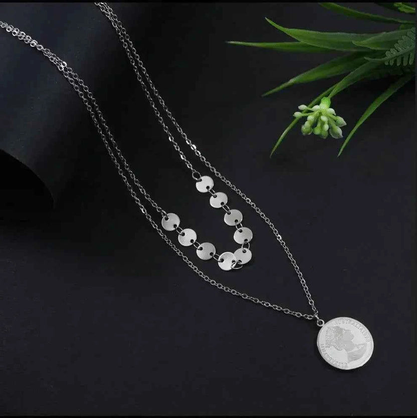 Double Layered Elizabeth Coin Pendant Necklace – Silver Plated Stainless Steel (Anti-Tarnish SS331L)