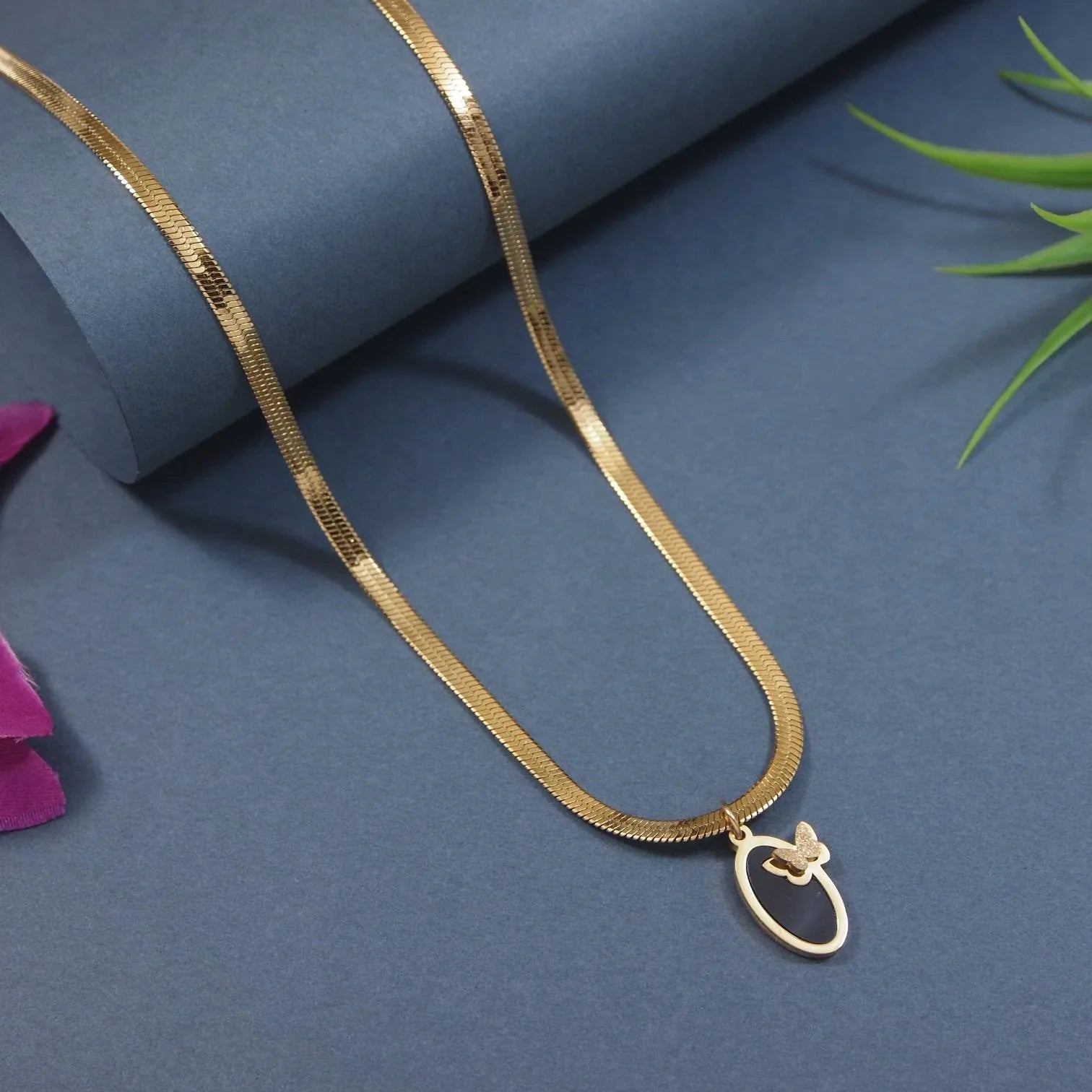 Stainless Steel Gold Plated Butterfly Oval Pendant Necklace - Shangri 