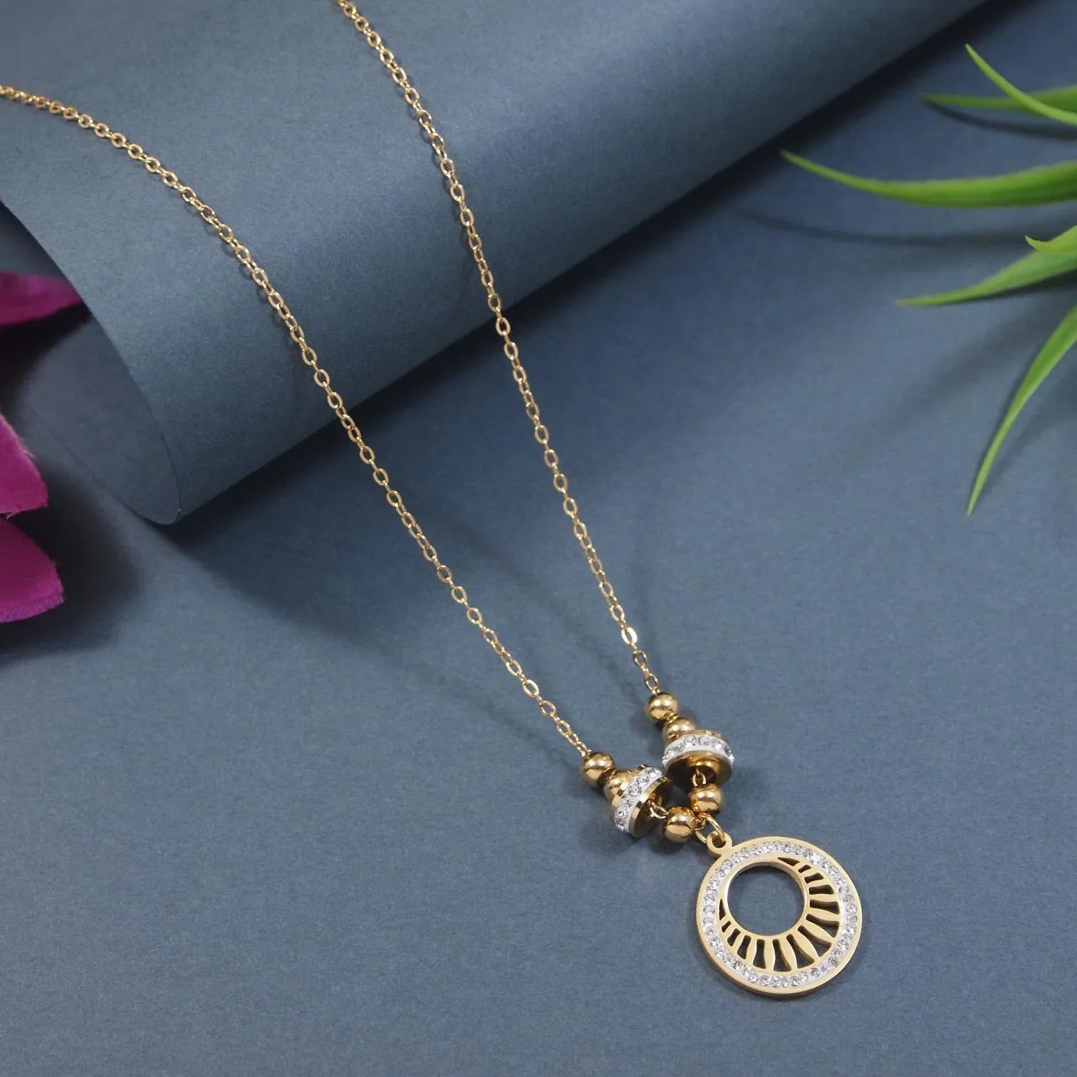 Stainless Steel Gold Plated Circular Charm Pendant Necklace - Shangri 