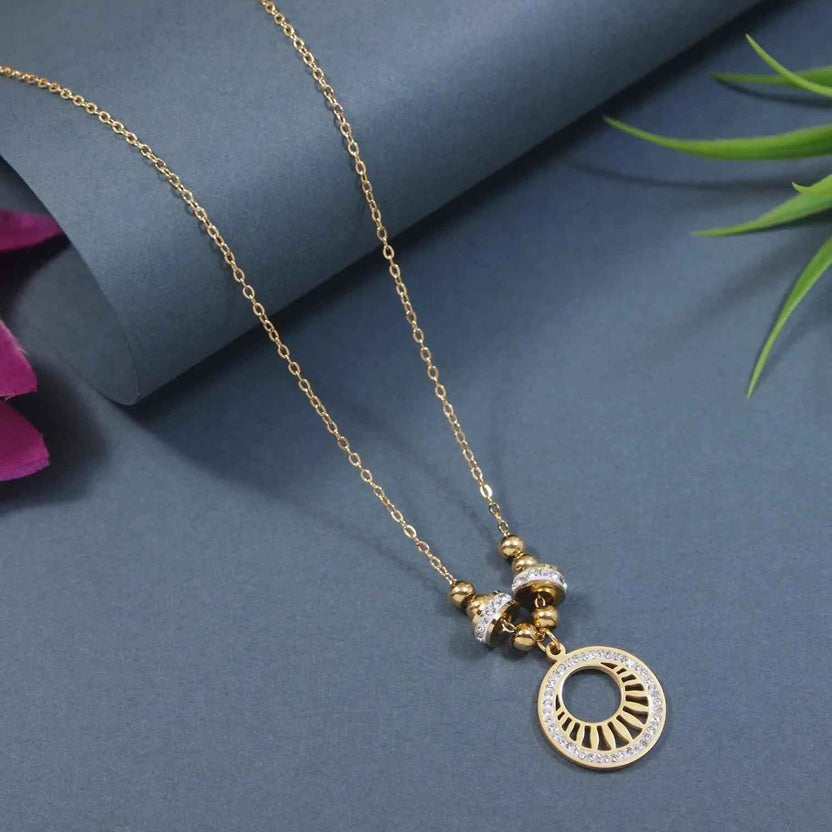 Stainless Steel Gold Plated Circular Charm Pendant Necklace
