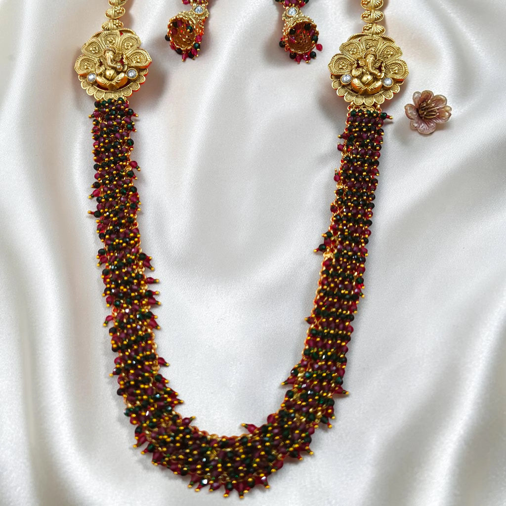 Shangri Premium Ganesha Motif Long Necklace Set with Red & Green Beads