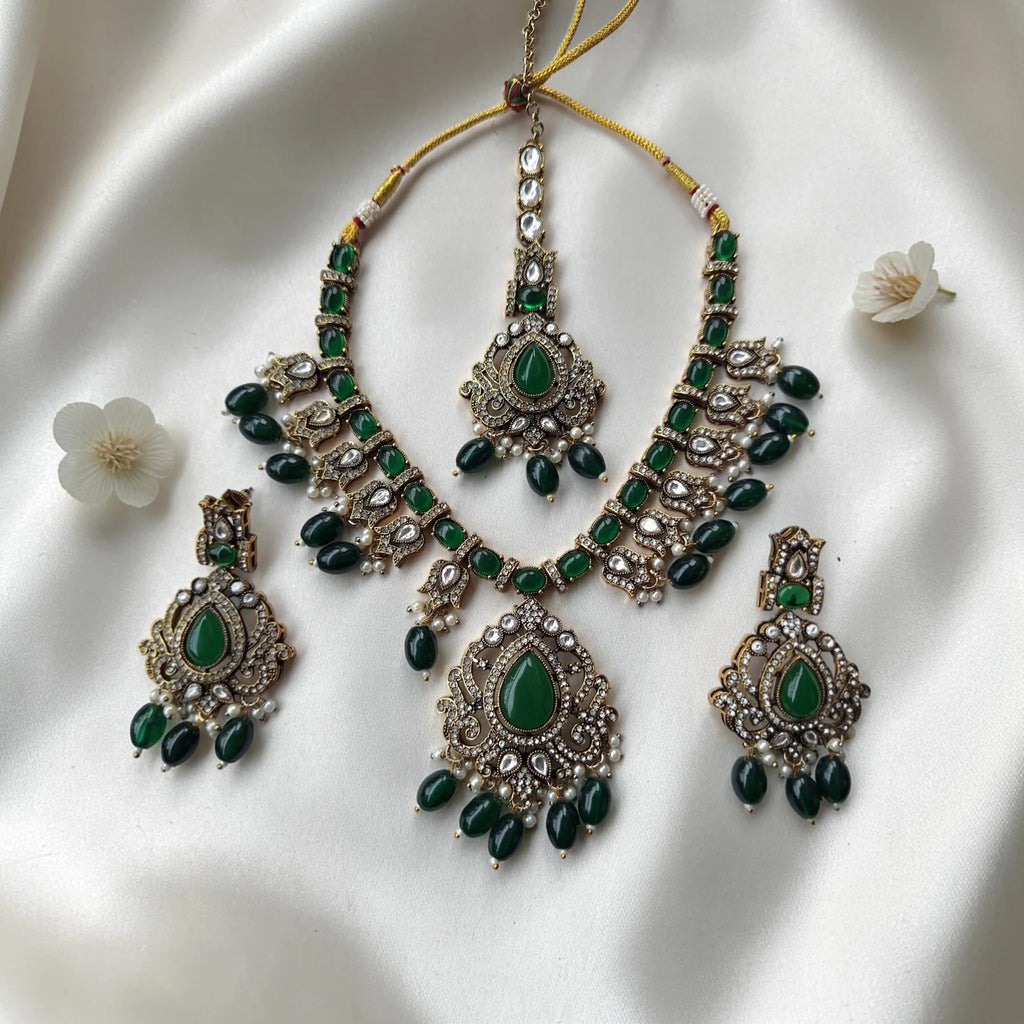 Shangri Green Kundan-Style Necklace Set with Earrings & Maang Tikka