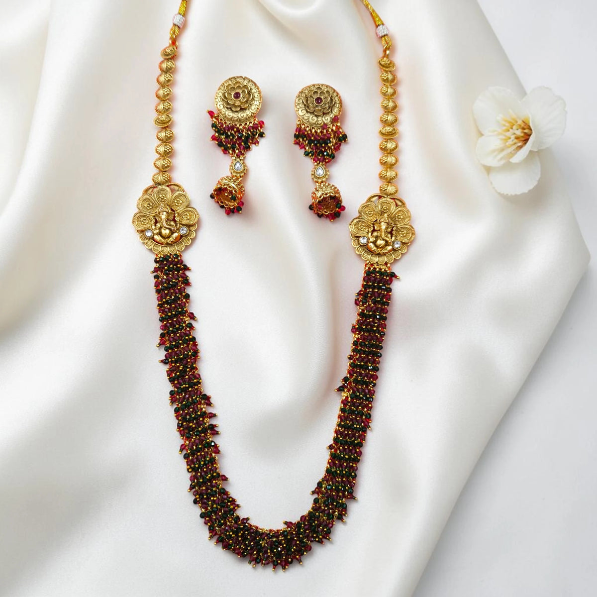 Shangri Premium Ganesha Motif Long Necklace Set with Red & Green Beads