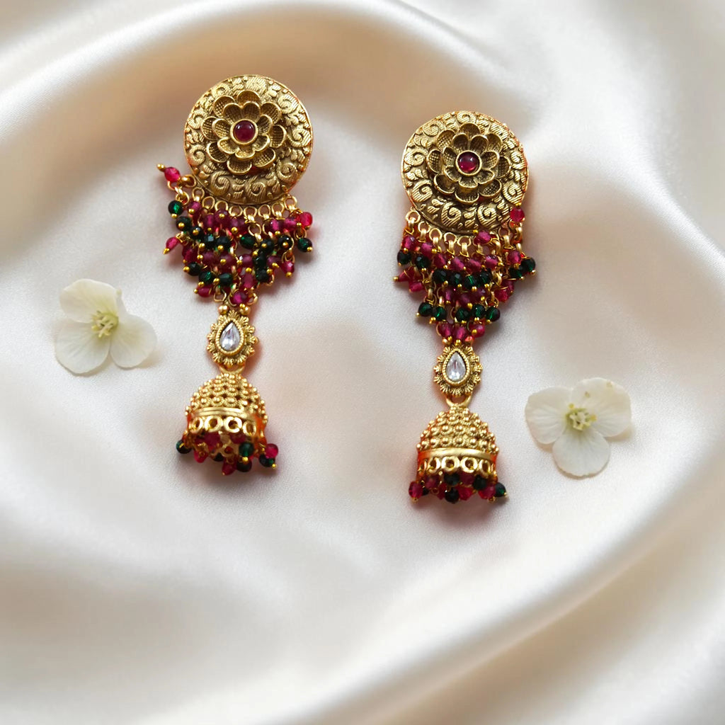 Shangri Premium Ganesha Motif Long Necklace Set with Red & Green Beads