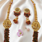 Shangri Premium Ganesha Motif Long Necklace Set with Red & Green Beads