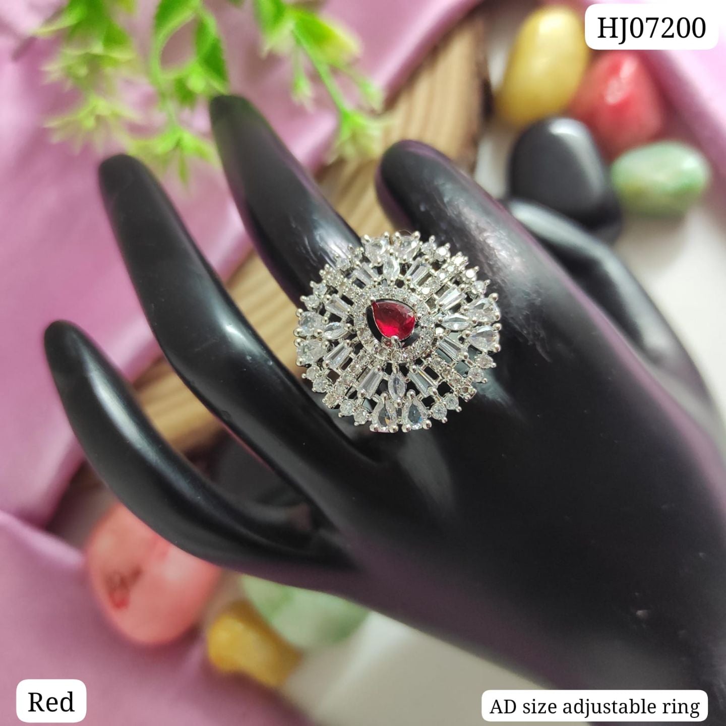 American Diamond Floral Halo Adjustable Ring – Red | Blue | Green