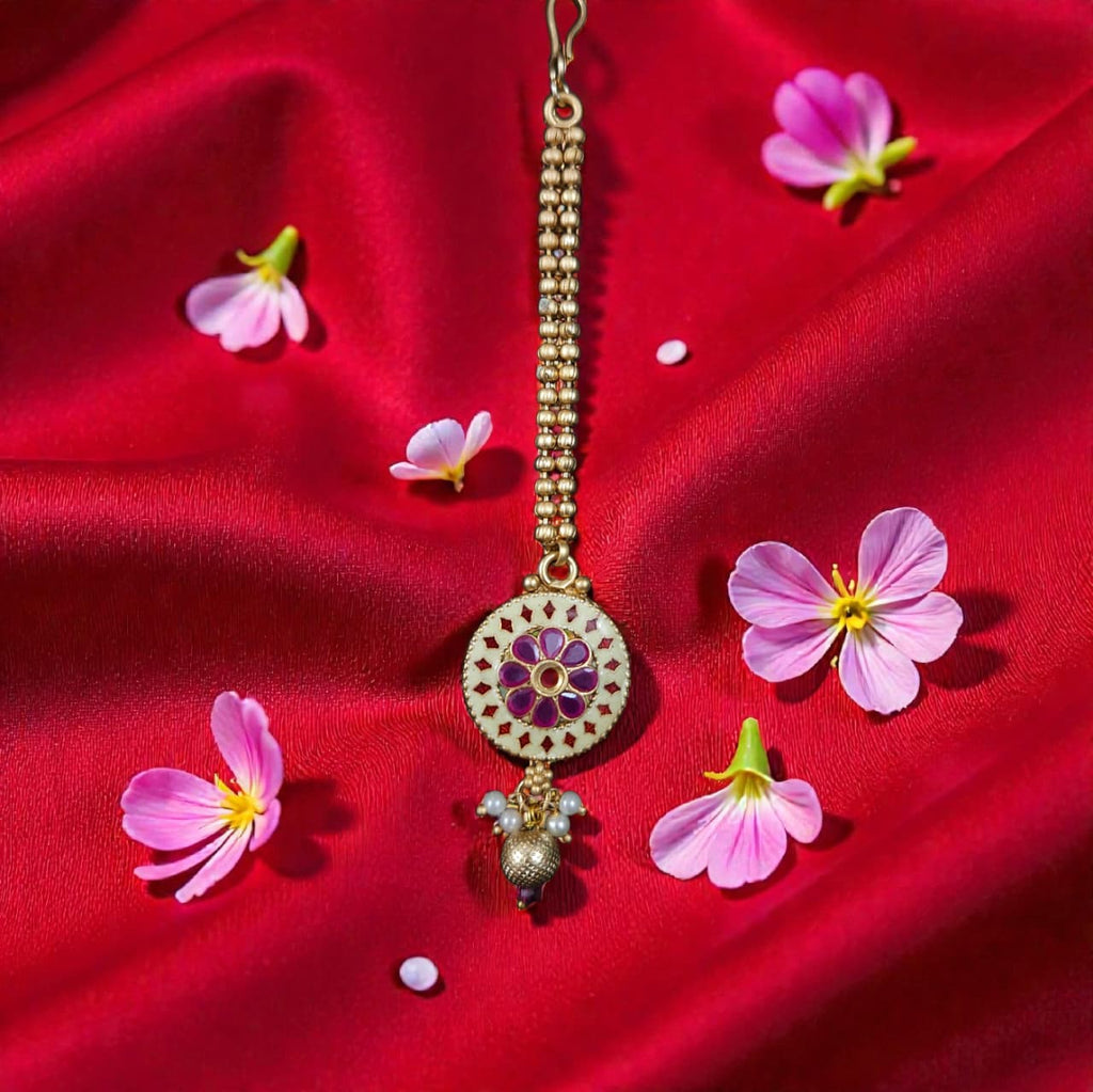 Traditional Gold Plated Meenakari Beaded Stone Necklace Set with Earrings & Maang Tikka