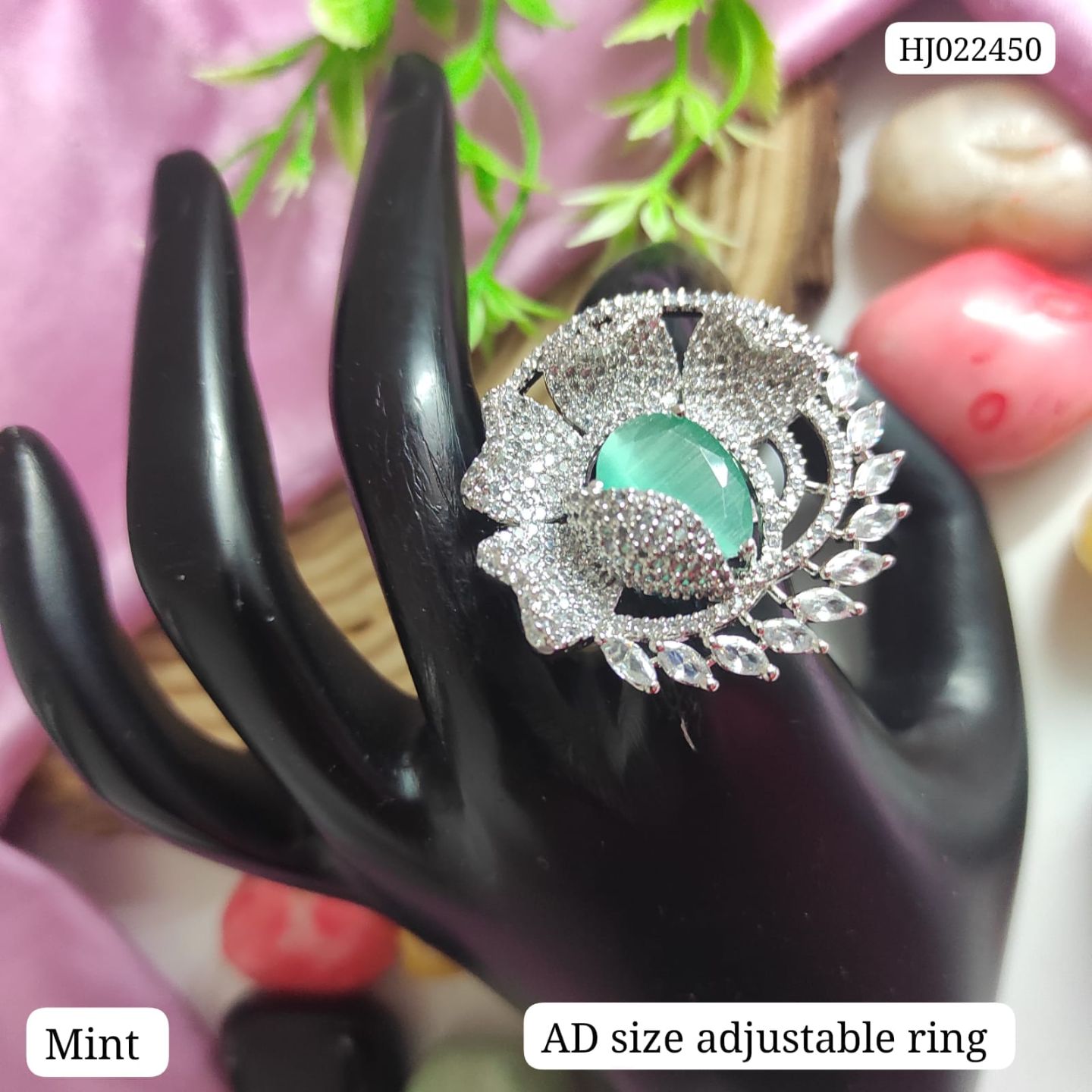 Floral American Diamond Adjustable Ring with Blue & Mint Centre Stone