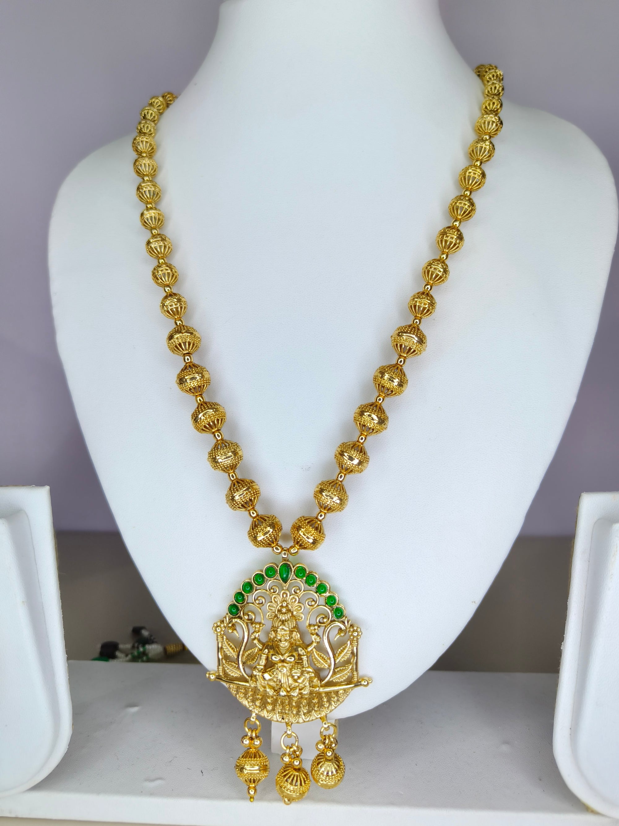 Gold Plated Lakshmi Temple Necklace Set with Green Stone Accents